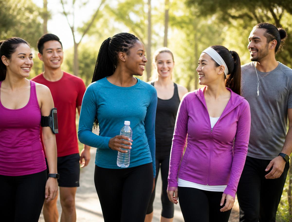 A diverse group of young adults in workout clothes smiling and walking together in a park