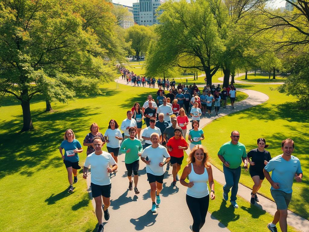 A wide view of community members walking together through a sunny park during a heart health 5K